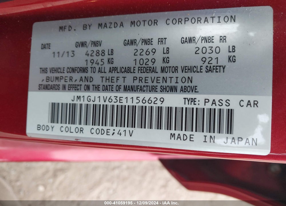2014 MAZDA 6 I TOURING VIN: JM1GJ1V63E1156629