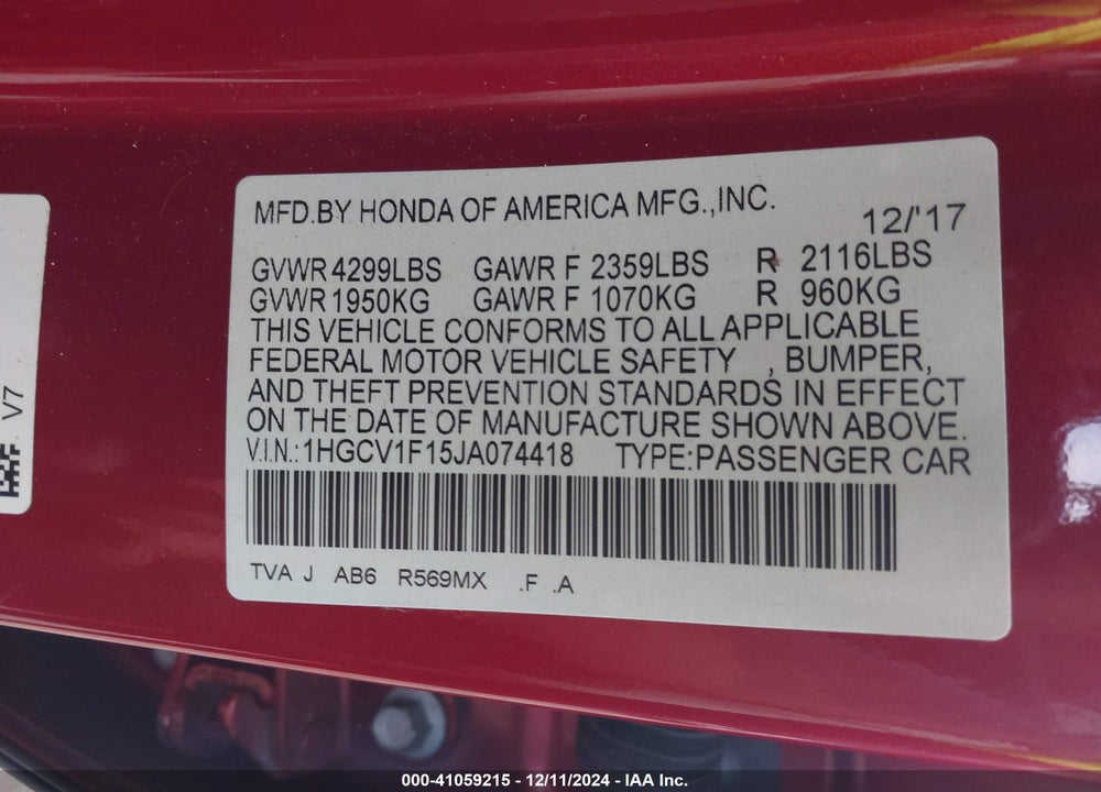 2018 HONDA ACCORD LX VIN: 1HGCV1F15JA074418