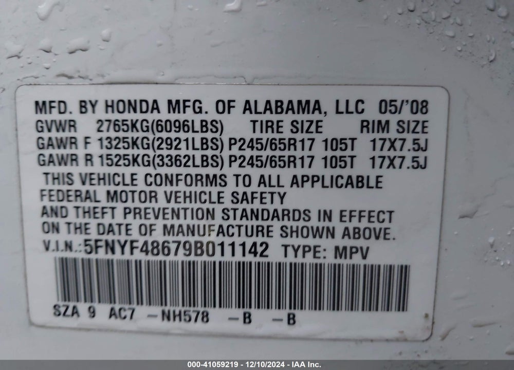 2009 HONDA PILOT EX-L VIN: 5FNYF48679B011142