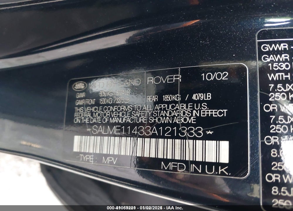2003 LAND ROVER RANGE ROVER HSE VIN: SALME11433A121333