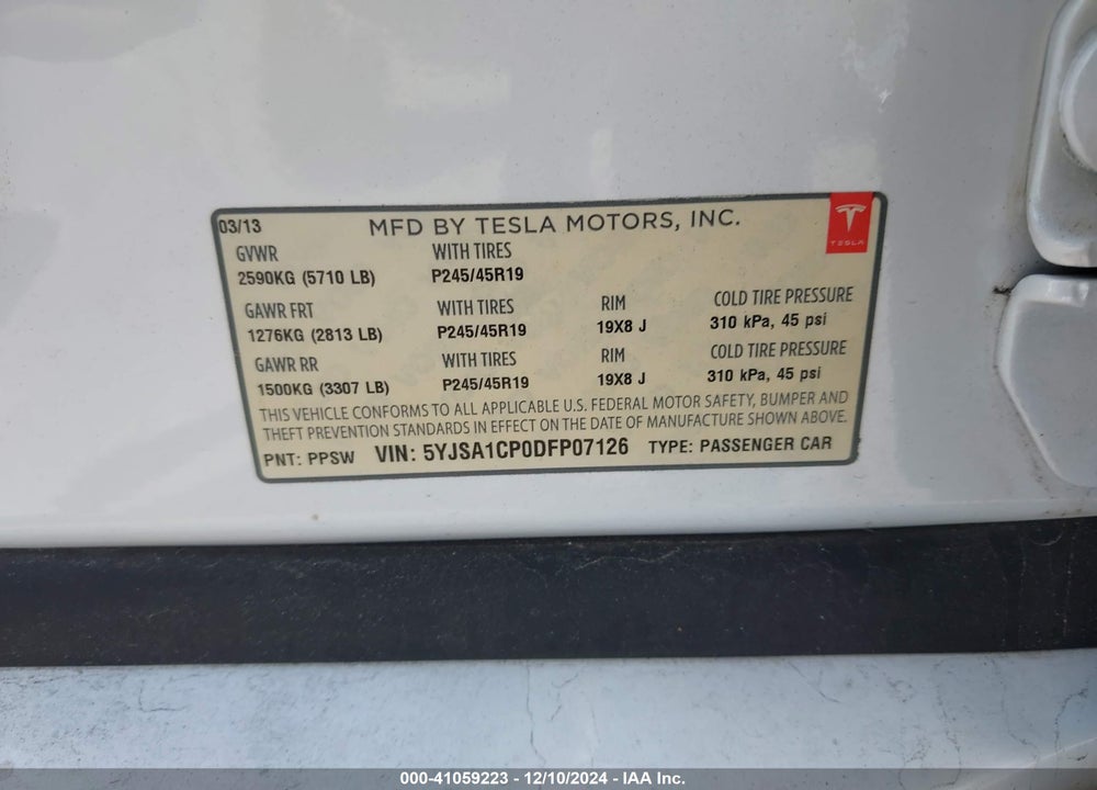 2013 TESLA MODEL S PERFORMANCE VIN: 5YJSA1CP0DFP07126
