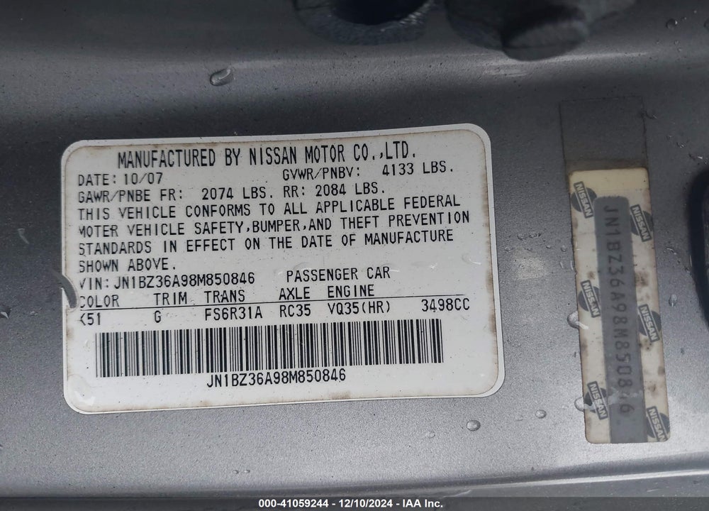 2008 NISSAN 350Z TOURING VIN: JN1BZ36A98M850846