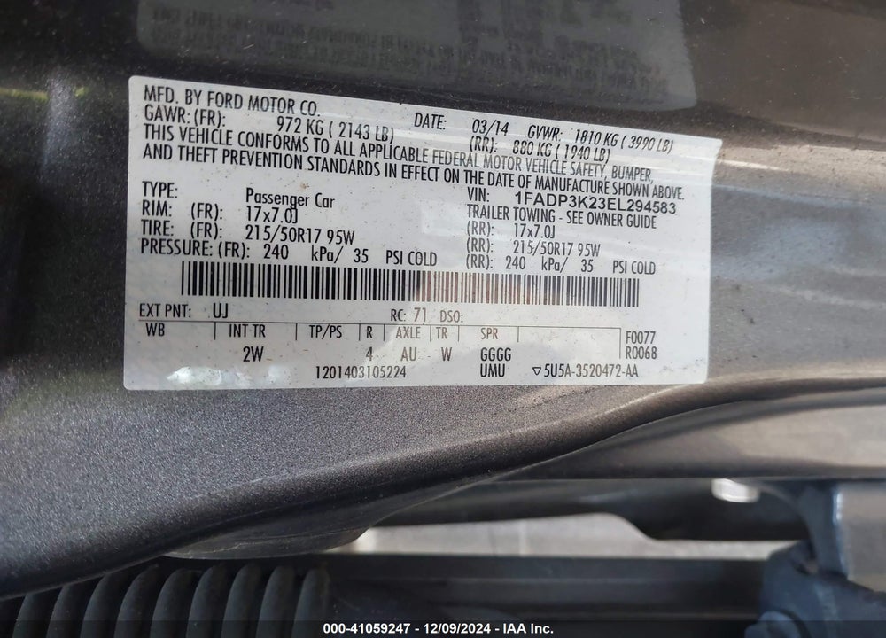 2014 FORD FOCUS SE VIN: 1FADP3K23EL294583