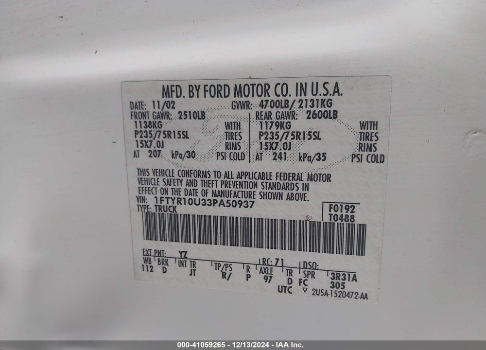 2003 FORD RANGER EDGE/XL/XLT VIN: 1FTYR10U33PA50937