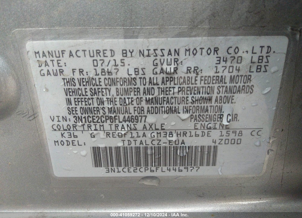 2015 NISSAN VERSA NOTE S PLUS VIN: 3N1CE2CP6FL446977