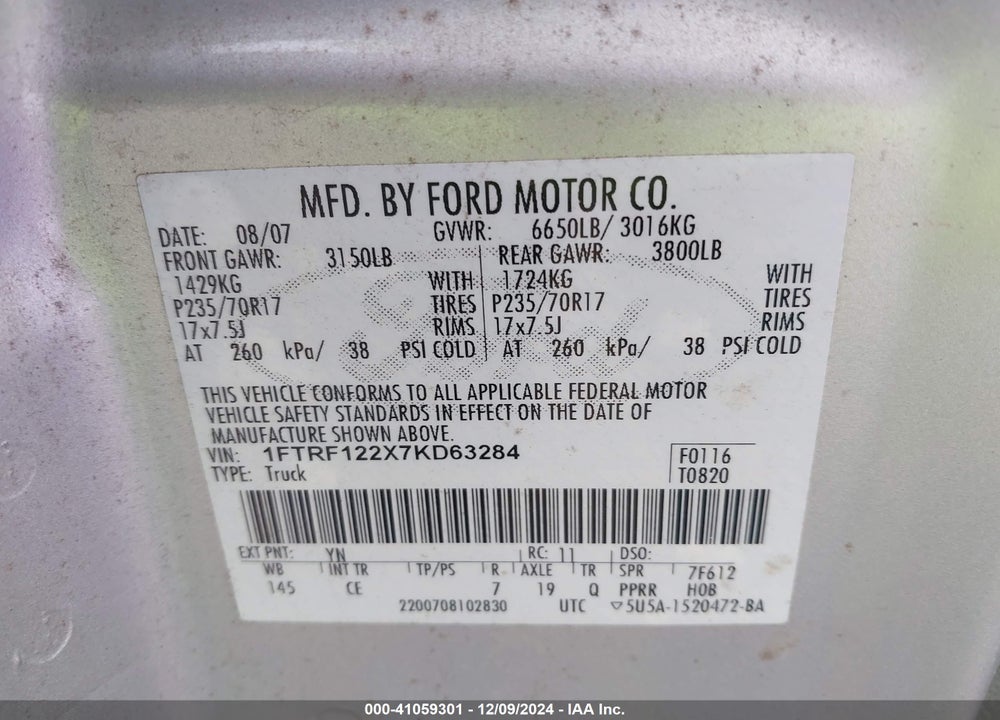 2007 FORD F-150 STX/XL/XLT VIN: 1FTRF122X7KD63284