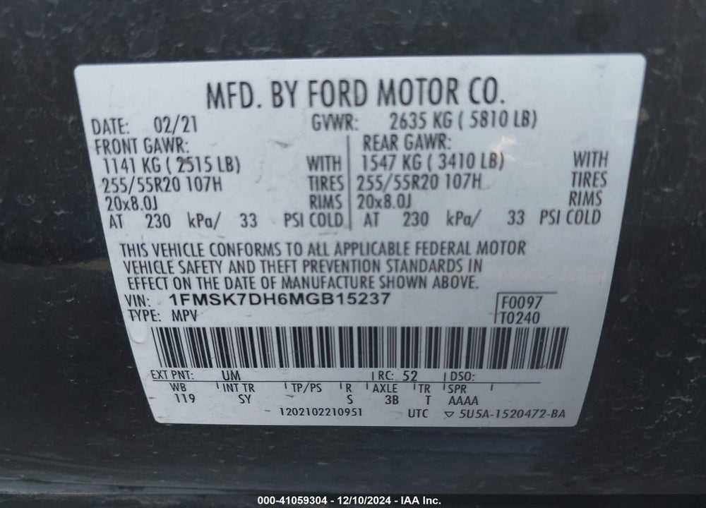 2021 FORD EXPLORER XLT VIN: 1FMSK7DH6MGB15237