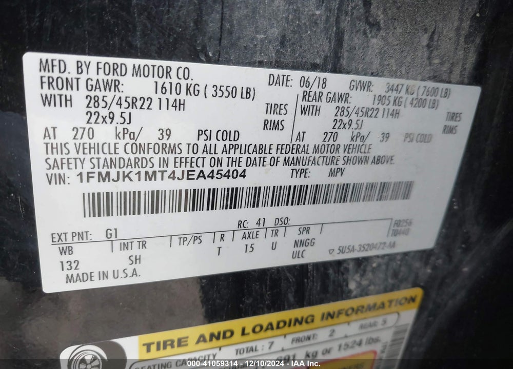 2018 FORD EXPEDITION MAX PLATINUM VIN: 1FMJK1MT4JEA45404