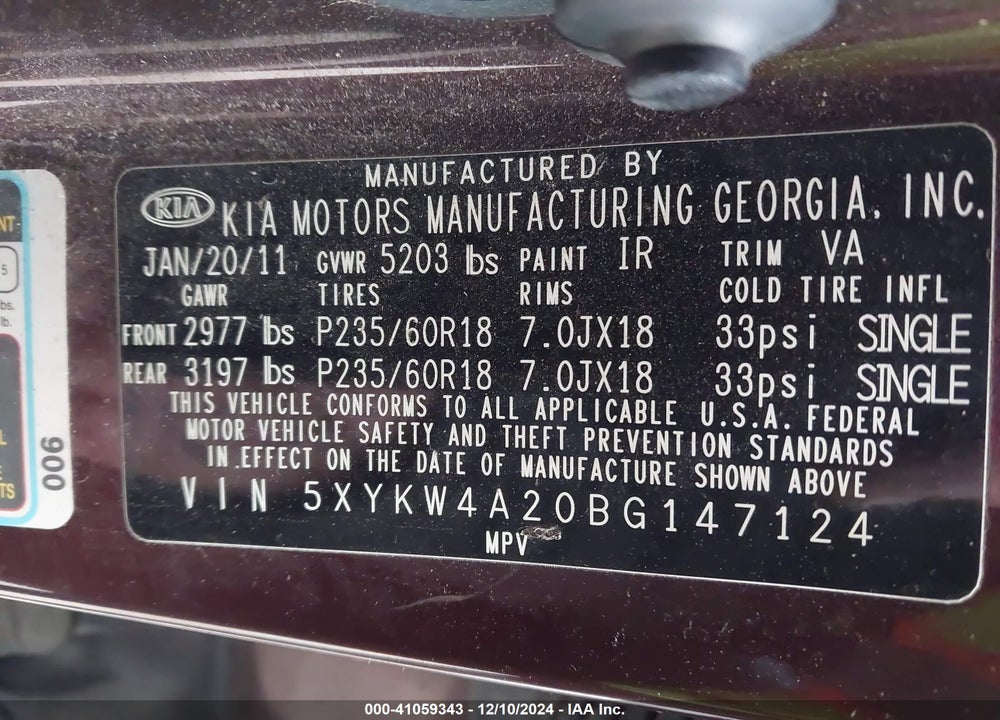 2011 KIA SORENTO SX V6 VIN: 5XYKW4A20BG147124
