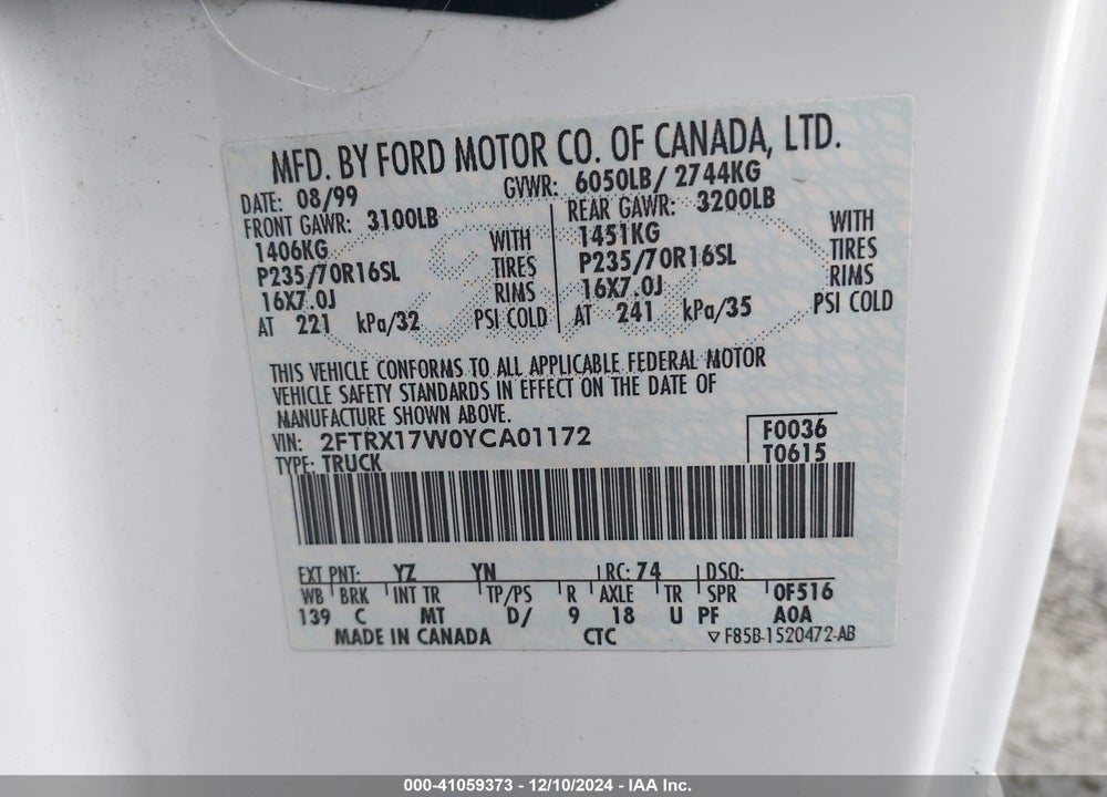 2000 FORD F150 VIN: 2FTRX17W0YCA01172