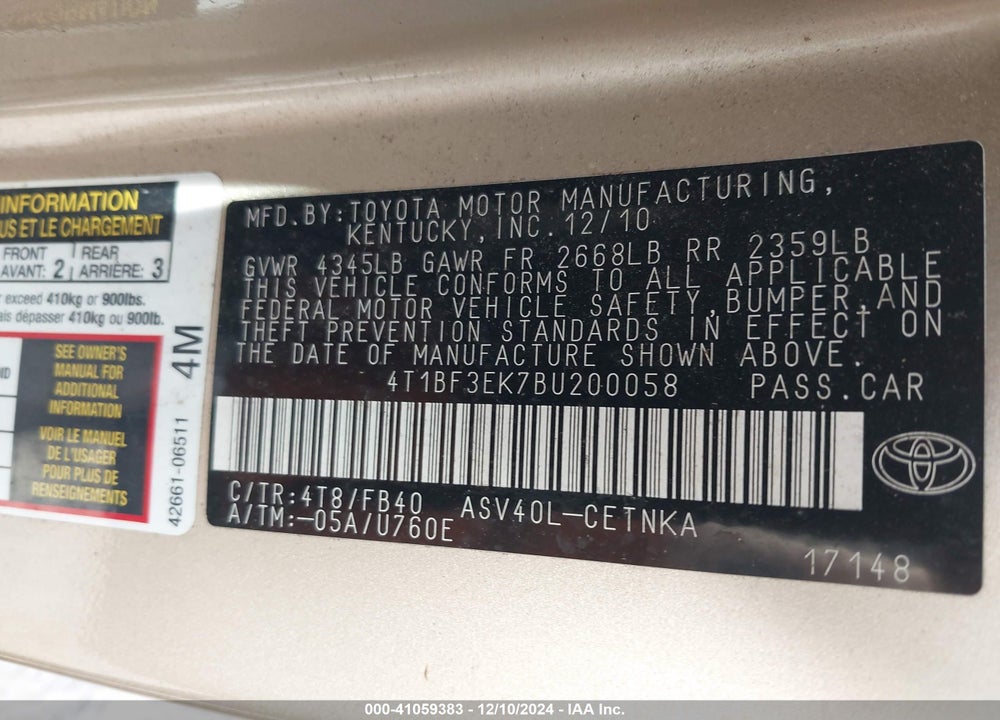 2011 TOYOTA CAMRY VIN: 4T1BF3EK7BU200058