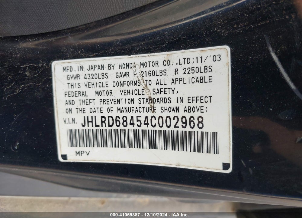 2004 HONDA CR-V LX VIN: JHLRD68454C002968