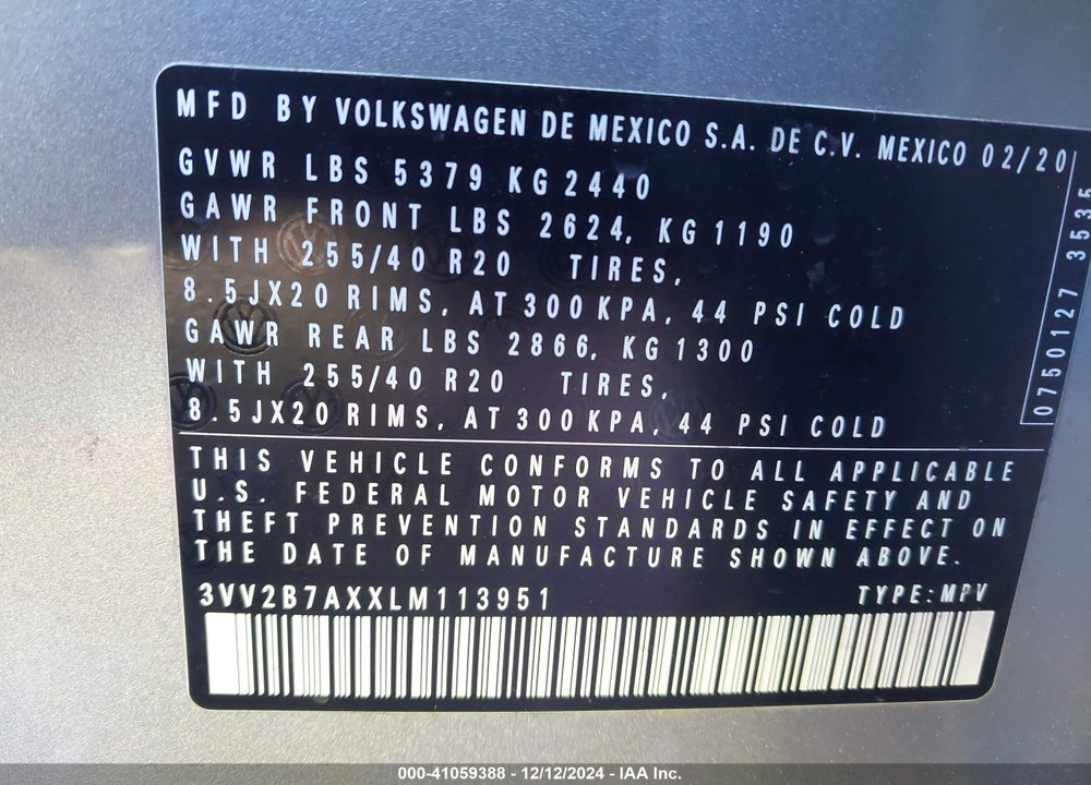 2020 VOLKSWAGEN TIGUAN VIN: 3VV2B7AXXLM113951