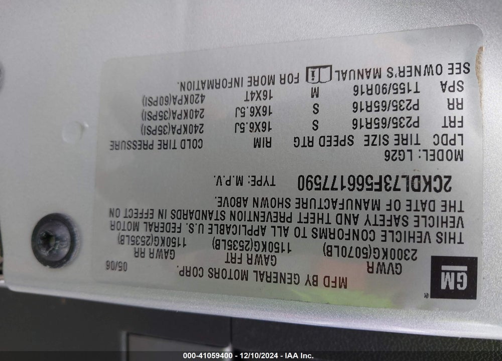 2006 PONTIAC TORRENT VIN: 2CKDL73F566177590