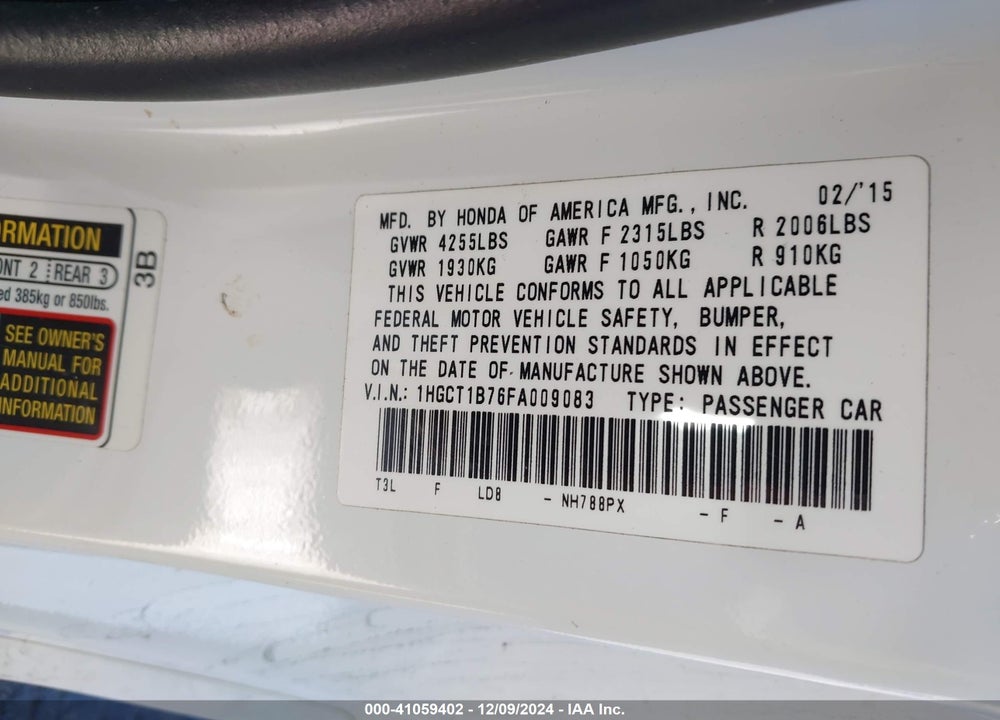 2015 HONDA ACCORD EX VIN: 1HGCT1B76FA009083