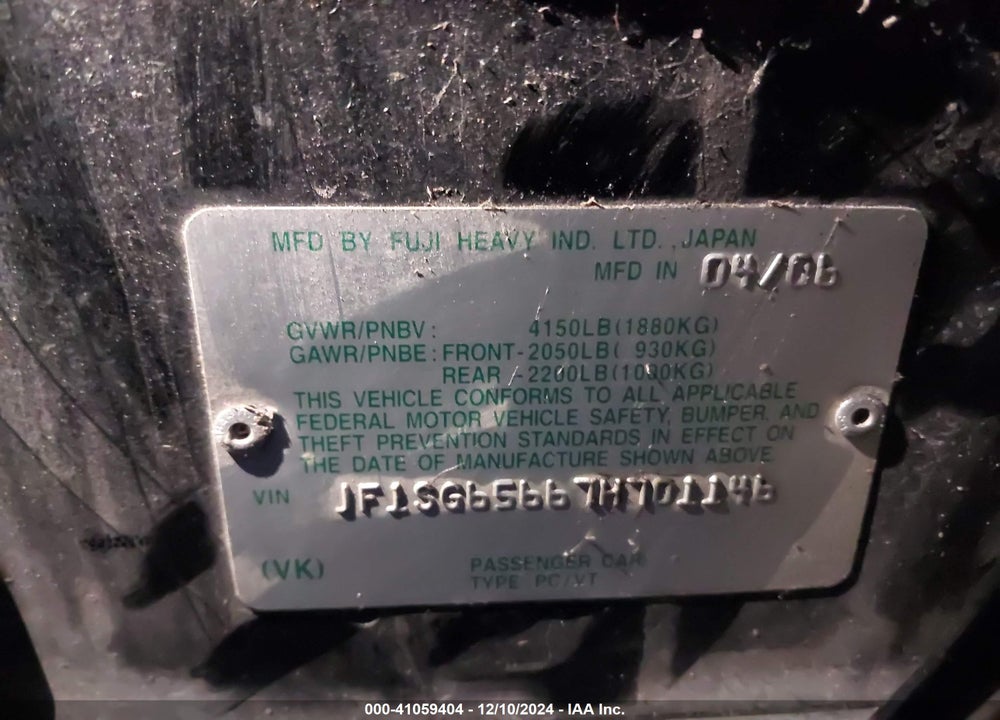 2007 SUBARU FORESTER 2.5X VIN: JF1SG65667H701146