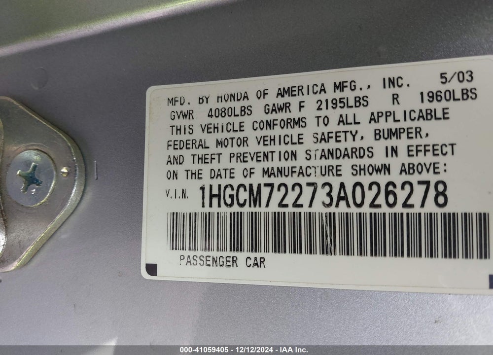 2003 HONDA ACCORD 2.4 LX VIN: 1HGCM72273A026278