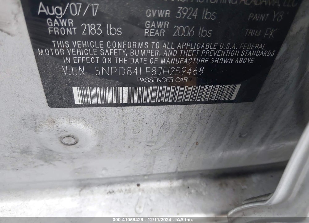 2018 HYUNDAI ELANTRA SEL VIN: 5NPD84LF8JH259468