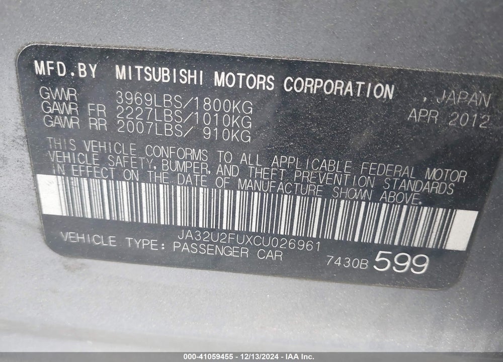 2012 MITSUBISHI LANCER ES VIN: JA32U2FUXCU026961