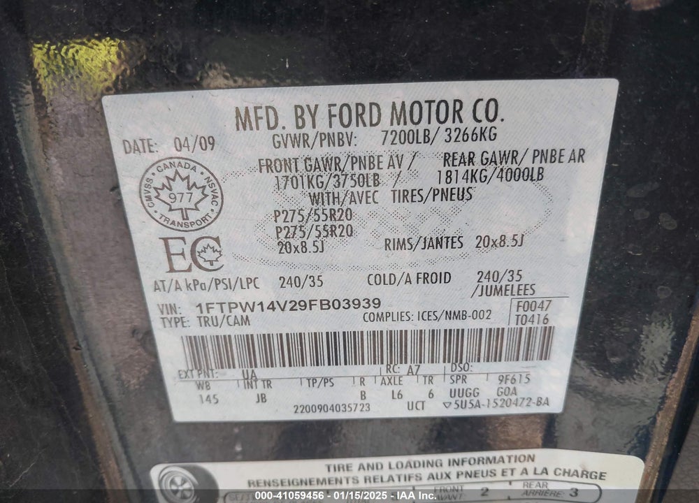 2009 FORD F-150 VIN: 1FTPW14V29FB03939
