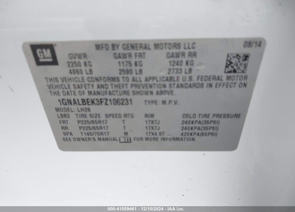 2015 CHEVROLET EQUINOX 1LT VIN: 1GNALBEK3FZ106231