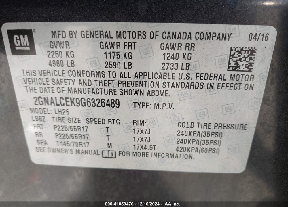 2016 CHEVROLET EQUINOX LT VIN: 2GNALCEK9G6326489