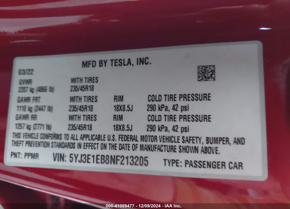 2022 TESLA MODEL 3 LONG RANGE DUAL MOTOR ALL-WHEEL DRIVE VIN: 5YJ3E1EB8NF213205
