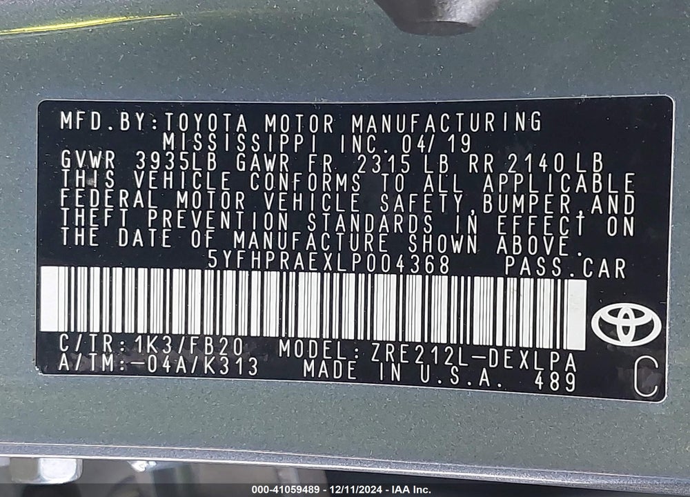 2020 TOYOTA COROLLA LE VIN: 5YFHPRAEXLP004368