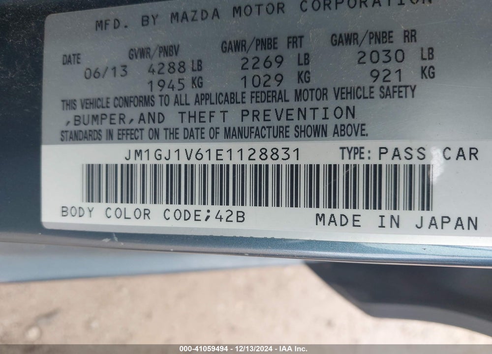 2014 MAZDA 6 I TOURING VIN: JM1GJ1V61E1128831