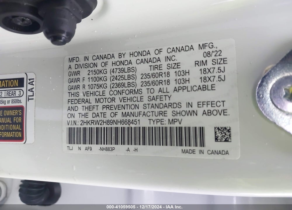 2022 HONDA CR-V AWD EX-L VIN: 2HKRW2H89NH668451