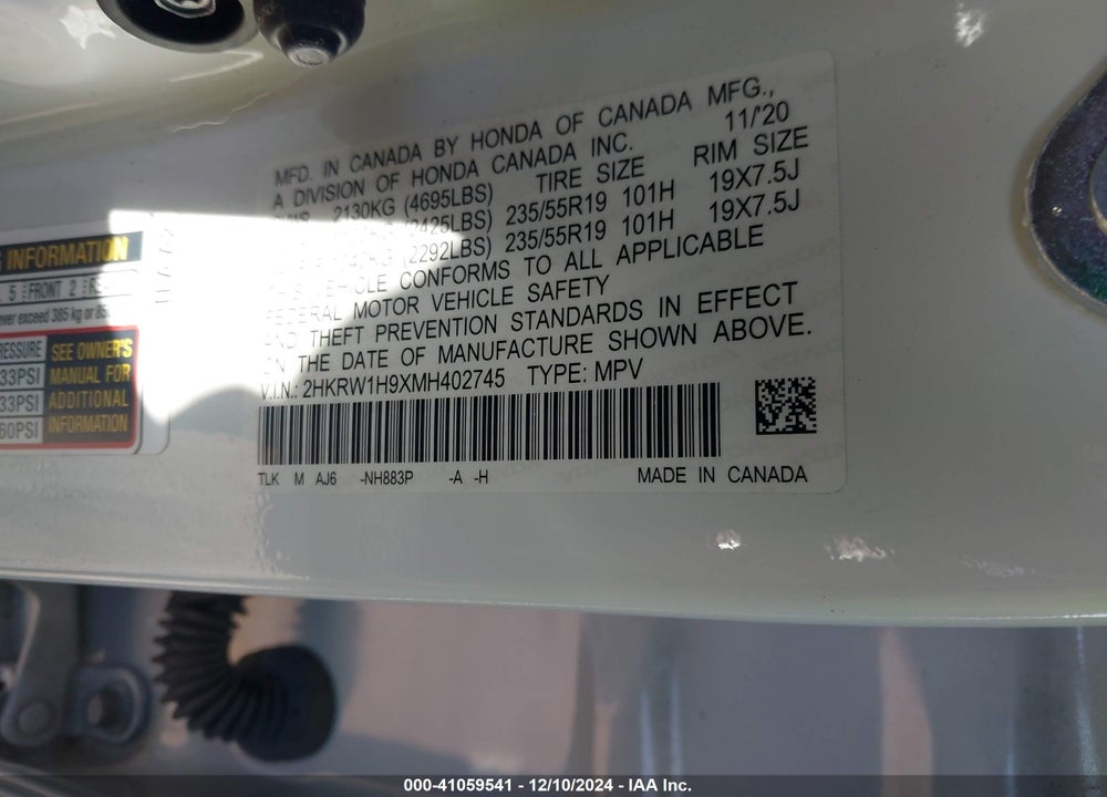 2021 HONDA CR-V 2WD TOURING VIN: 2HKRW1H9XMH402745