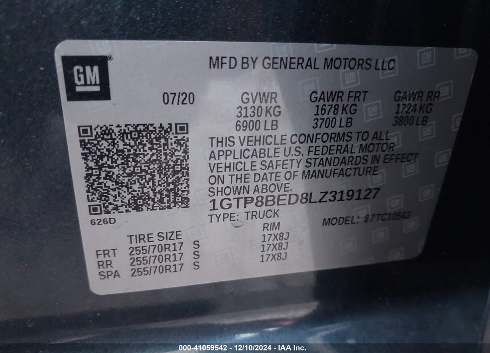 2020 GMC SIERRA 1500 2WD SHORT BOX SLE VIN: 1GTP8BED8LZ319127