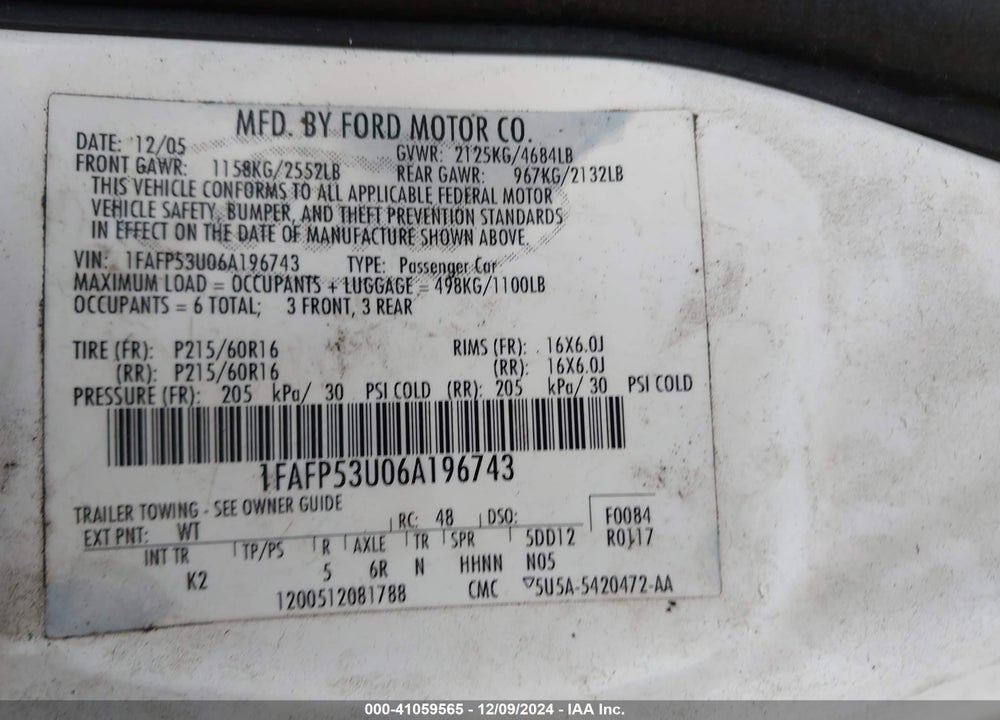2006 FORD TAURUS SE VIN: 1FAFP53U06A196743