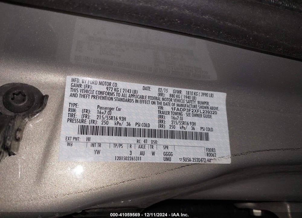 2015 FORD FOCUS SE VIN: 1FADP3F2XFL239320