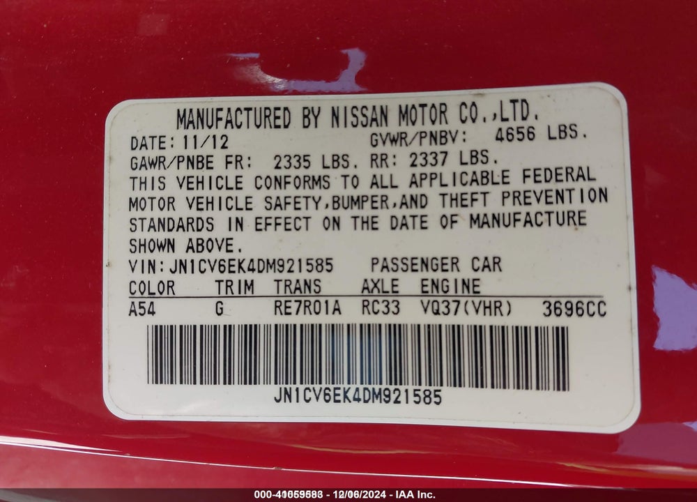 2013 INFINITI G37 JOURNEY VIN: JN1CV6EK4DM921585