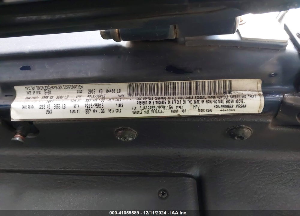 2000 JEEP WRANGLER SPORT VIN: 1J4FA49S1YP791154