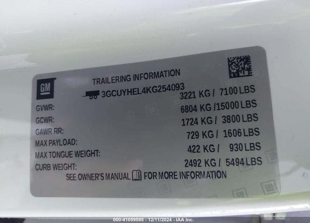2019 CHEVROLET SILVERADO 1500 HIGH COUNTRY VIN: 3GCUYHEL4KG254093