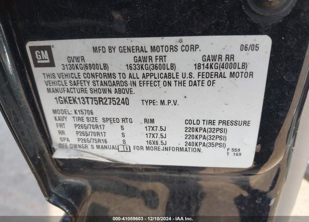 2005 GMC YUKON VIN: 1GKEK13T75R275240
