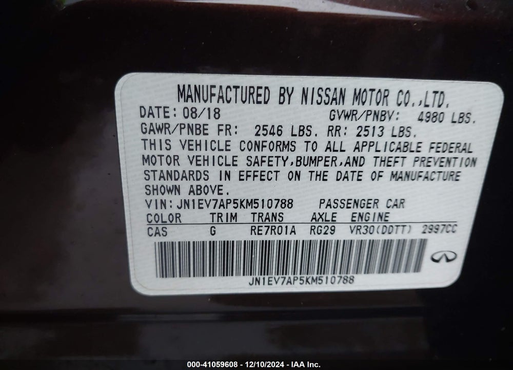 2019 INFINITI Q50 3.0T LUXE VIN: JN1EV7AP5KM510788