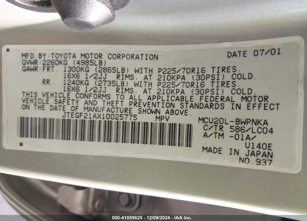 2001 TOYOTA HIGHLANDER V6 VIN: JTEGF21AX10025775