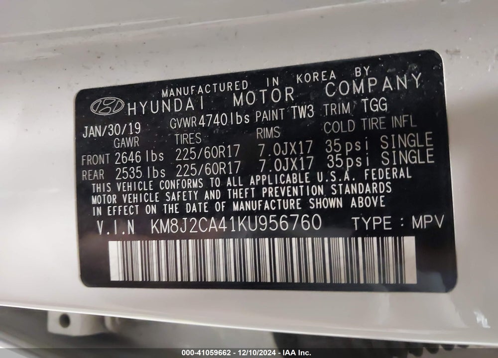 2019 HYUNDAI TUCSON SE VIN: KM8J2CA41KU956760