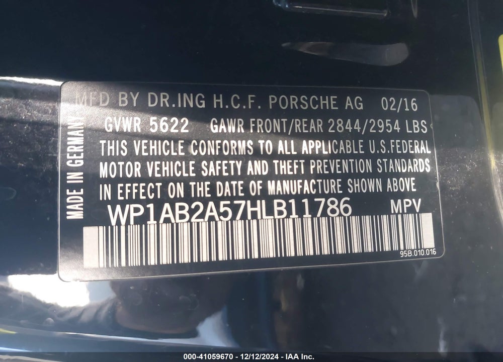 2017 PORSCHE MACAN S VIN: WP1AB2A57HLB11786