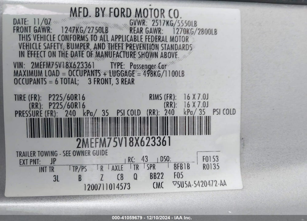 2008 MERCURY GRAND MARQUIS LS VIN: 2MEFM75V18X623361