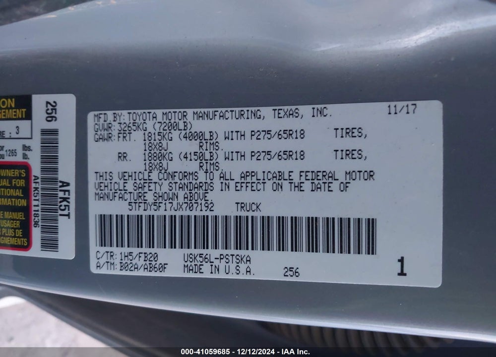 2018 TOYOTA TUNDRA SR5 5.7L V8 VIN: 5TFDY5F17JX707192