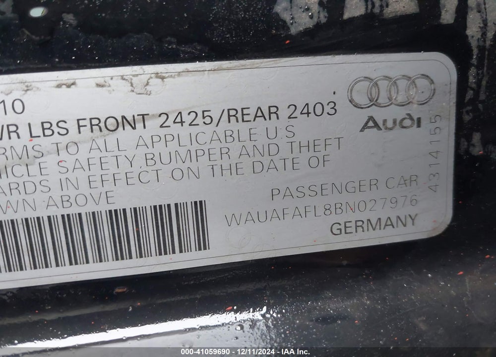 2011 AUDI A4 2.0T PREMIUM VIN: WAUAFAFL8BN027976