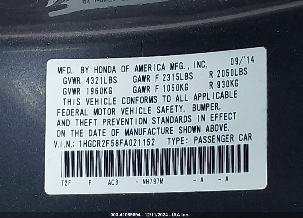 2015 HONDA ACCORD SPORT VIN: 1HGCR2F58FA021152