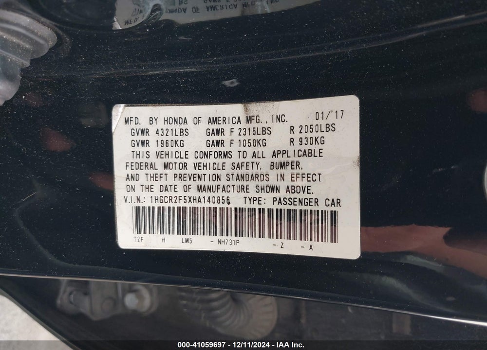 2017 HONDA ACCORD SPORT VIN: 1HGCR2F5XHA140856