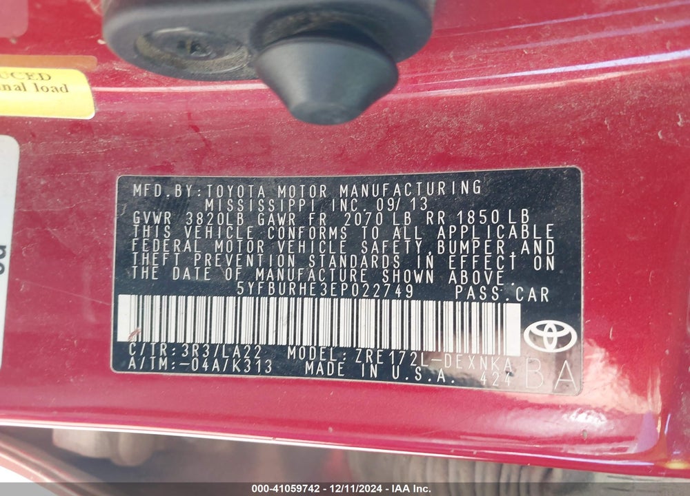 2014 TOYOTA COROLLA L/LE/LE PLS/PRM/S/S PLS VIN: 5YFBURHE3EP022749