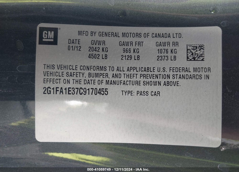 2012 CHEVROLET CAMARO 2LS VIN: 2G1FA1E37C9170455