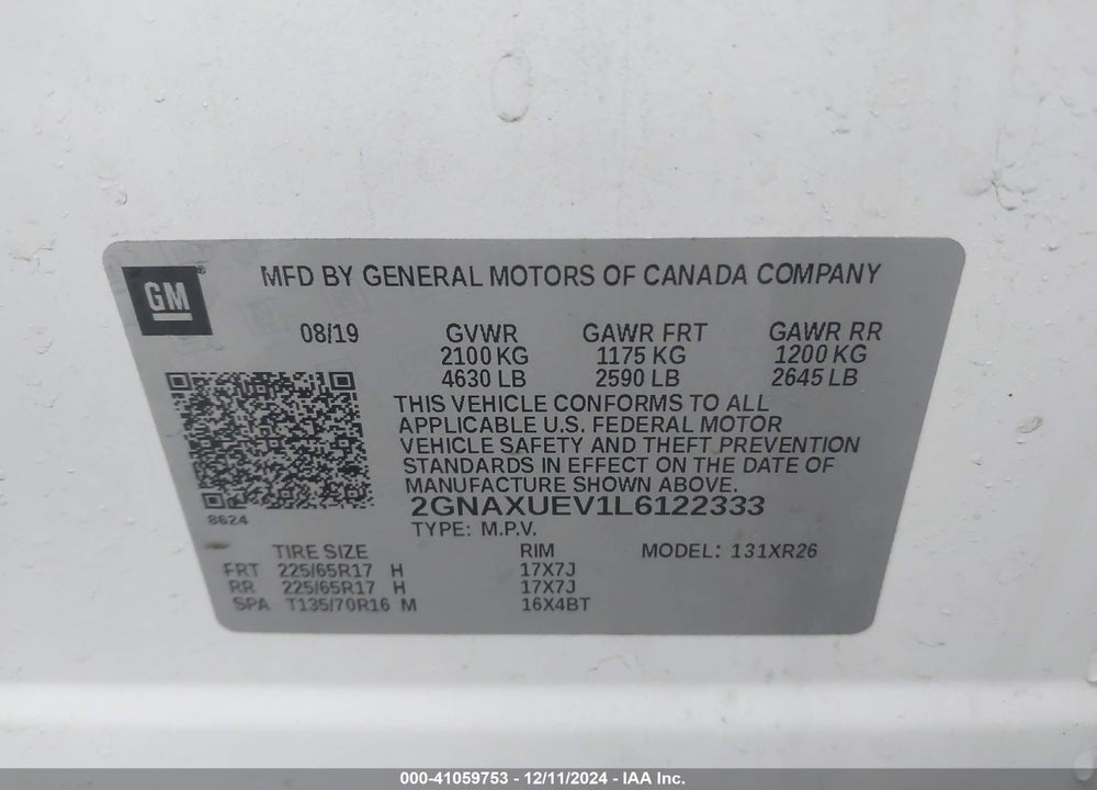 2020 CHEVROLET EQUINOX AWD LT 1.5L TURBO VIN: 2GNAXUEV1L6122333